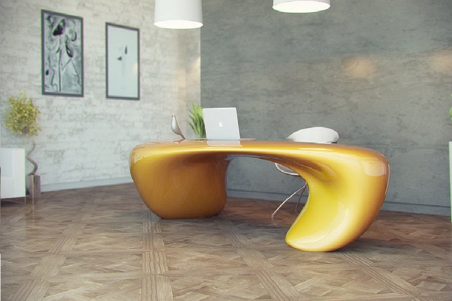 Extravagantný pracovný stôl zobrazujúci plynulý tvar
